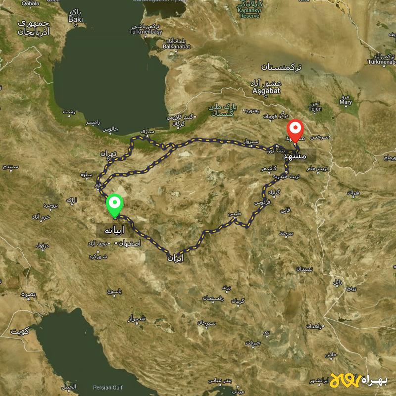 مسافت و فاصله مشهد تا ابیانه - اصفهان از ۳ مسیر - مرداد ۱۴۰۳