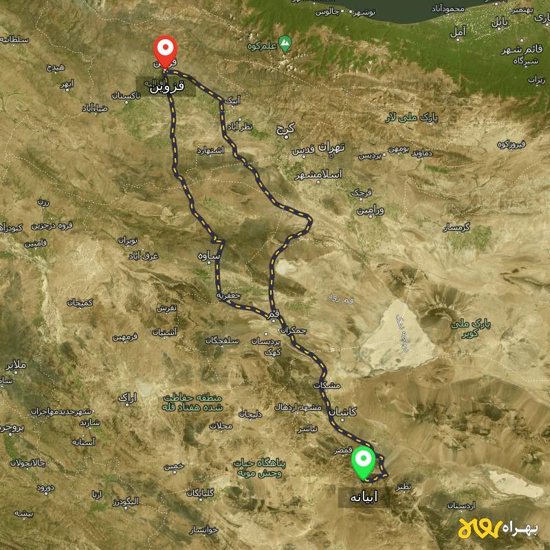 مسافت و فاصله قزوین تا ابیانه - اصفهان از ۲ مسیر - شهریور ۱۴۰۳