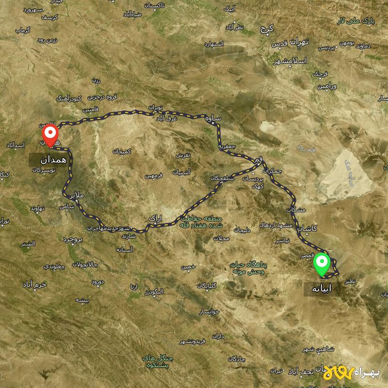 مسافت و فاصله همدان تا ابیانه - اصفهان از ۲ مسیر - شهریور ۱۴۰۳