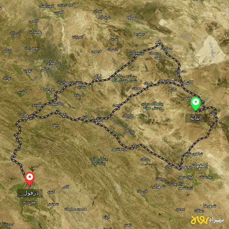 مسافت و فاصله دزفول تا ابیانه - اصفهان از ۳ مسیر - دی ۱۴۰۳
