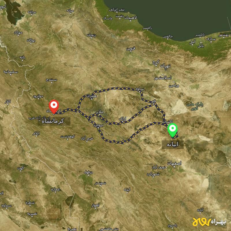 مسافت و فاصله کرمانشاه تا ابیانه - اصفهان از ۳ مسیر - مهر ۱۴۰۳