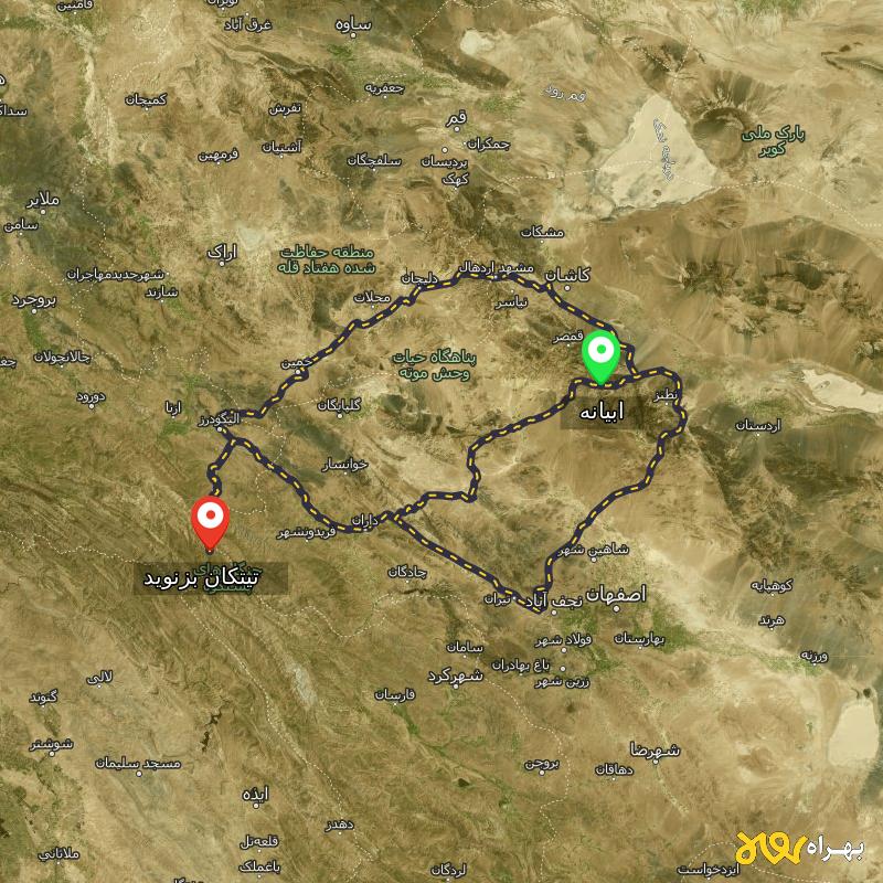 مسافت و فاصله تیتکان بزنوید - لرستان تا ابیانه - اصفهان از ۳ مسیر - شهریور ۱۴۰۳