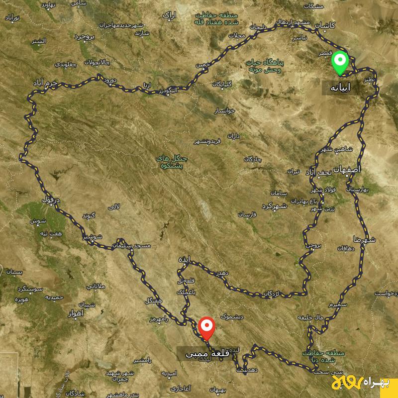 مسافت و فاصله قلعه ممبی - کهگیلویه و بویر احمد تا ابیانه - اصفهان از ۳ مسیر - شهریور ۱۴۰۳