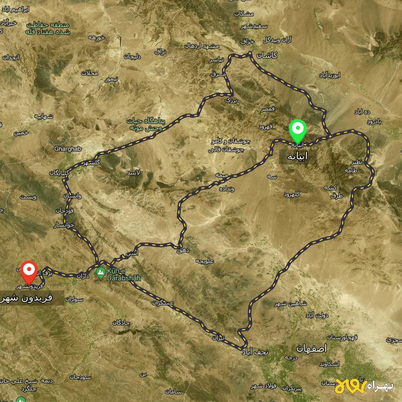 مسافت و فاصله فریدون شهر - اصفهان تا ابیانه - اصفهان از ۳ مسیر - آذر ۱۴۰۳