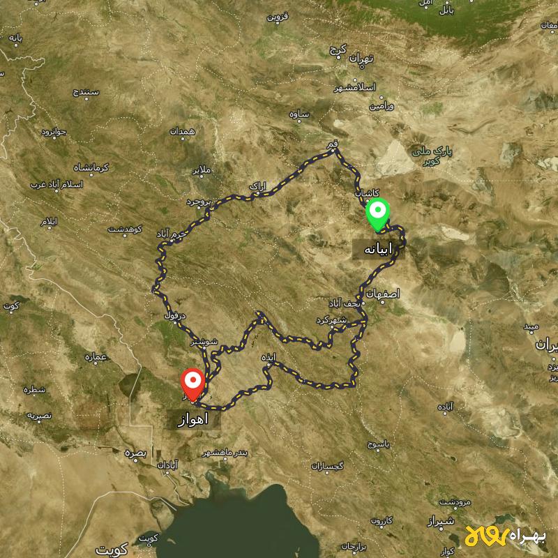 مسافت و فاصله اهواز تا ابیانه - اصفهان از ۳ مسیر - مرداد ۱۴۰۳