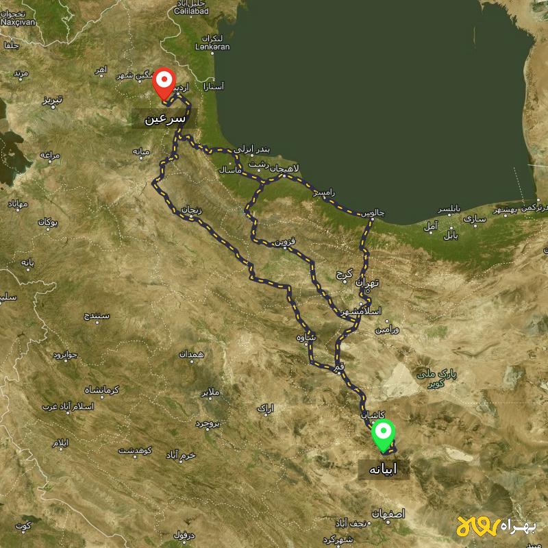 مسافت و فاصله سرعین - اردبیل تا ابیانه - اصفهان از ۳ مسیر - مرداد ۱۴۰۳