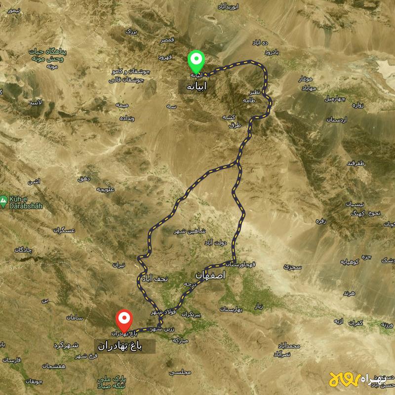 مسافت و فاصله باغ بهادران - اصفهان تا ابیانه - اصفهان از ۲ مسیر - آذر ۱۴۰۳