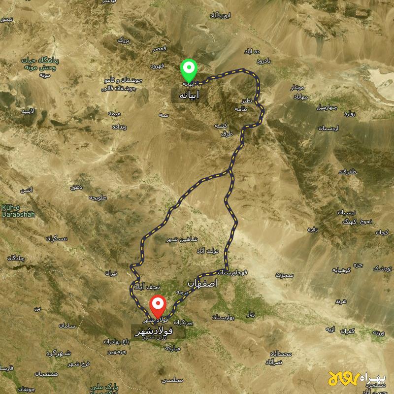 مسافت و فاصله فولادشهر - اصفهان تا ابیانه - اصفهان از ۲ مسیر - آذر ۱۴۰۳
