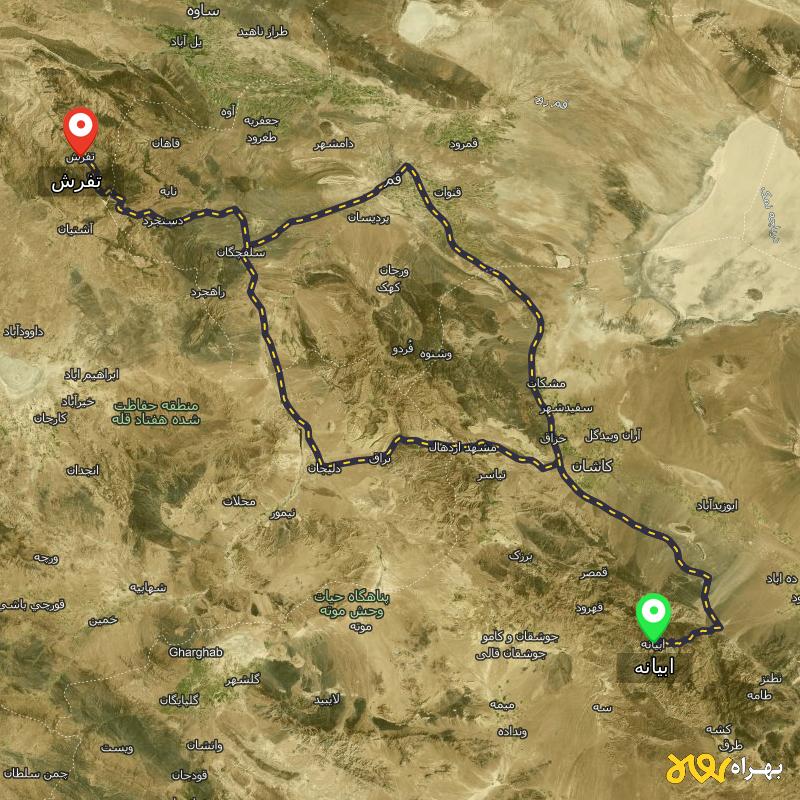 مسافت و فاصله تفرش - مرکزی تا ابیانه - اصفهان از ۲ مسیر - آذر ۱۴۰۳
