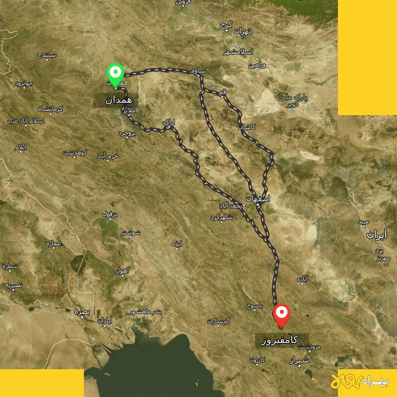 مسافت و فاصله کامفیروز - فارس تا همدان از ۳ مسیر - مهر ۱۴۰۳
