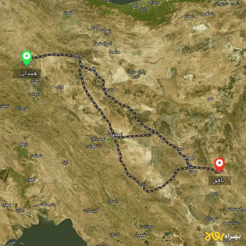 مسافت و فاصله بافق - یزد تا همدان از ۳ مسیر - اردیبهشت ۱۴۰۳