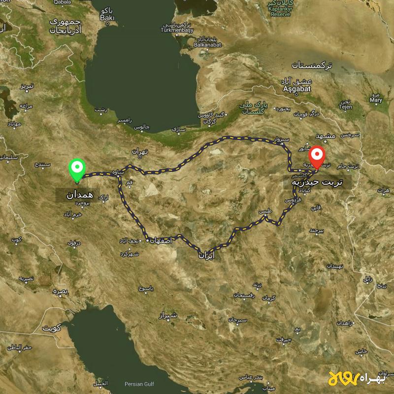 مسافت و فاصله تربت حیدریه - خراسان رضوی تا همدان از ۲ مسیر - آذر ۱۴۰۳