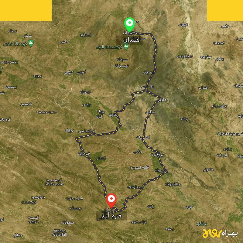 مسافت و فاصله خرم آباد تا همدان از ۲ مسیر - مرداد ۱۴۰۳