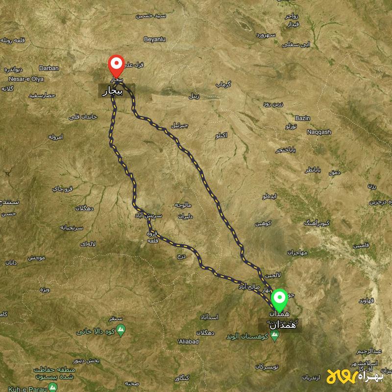 مسافت و فاصله بیجار - کردستان تا همدان از 2 مسیر - مسیریاب بهراه