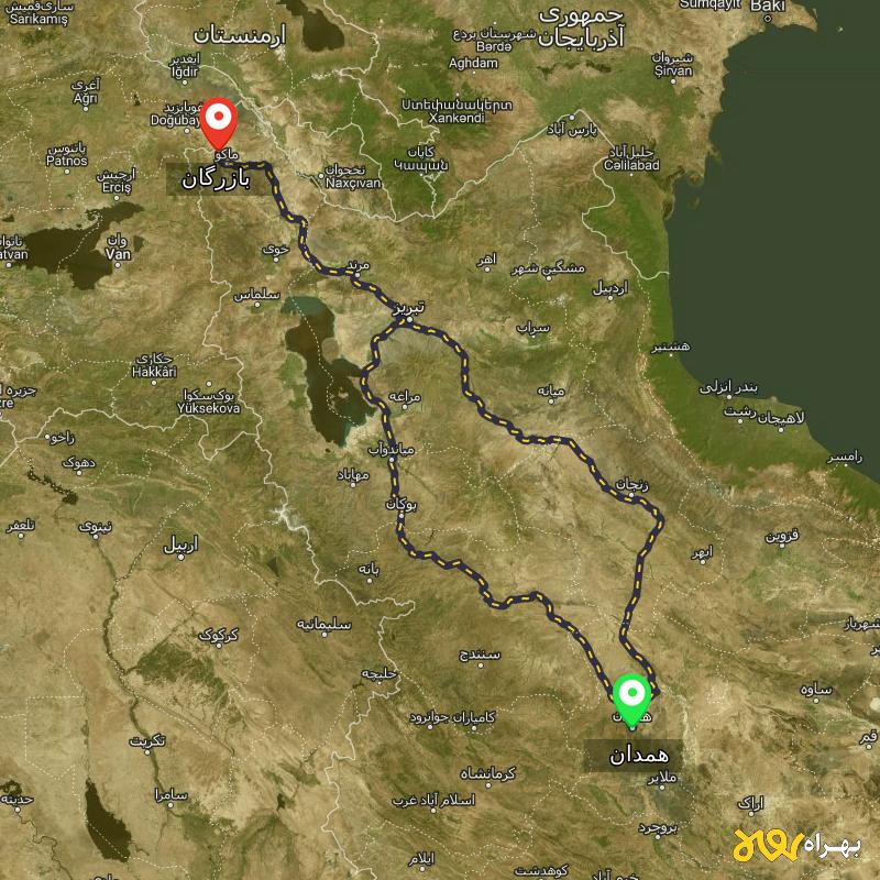 مسافت و فاصله بازرگان - آذربایجان غربی تا همدان از ۲ مسیر - اردیبهشت ۱۴۰۳
