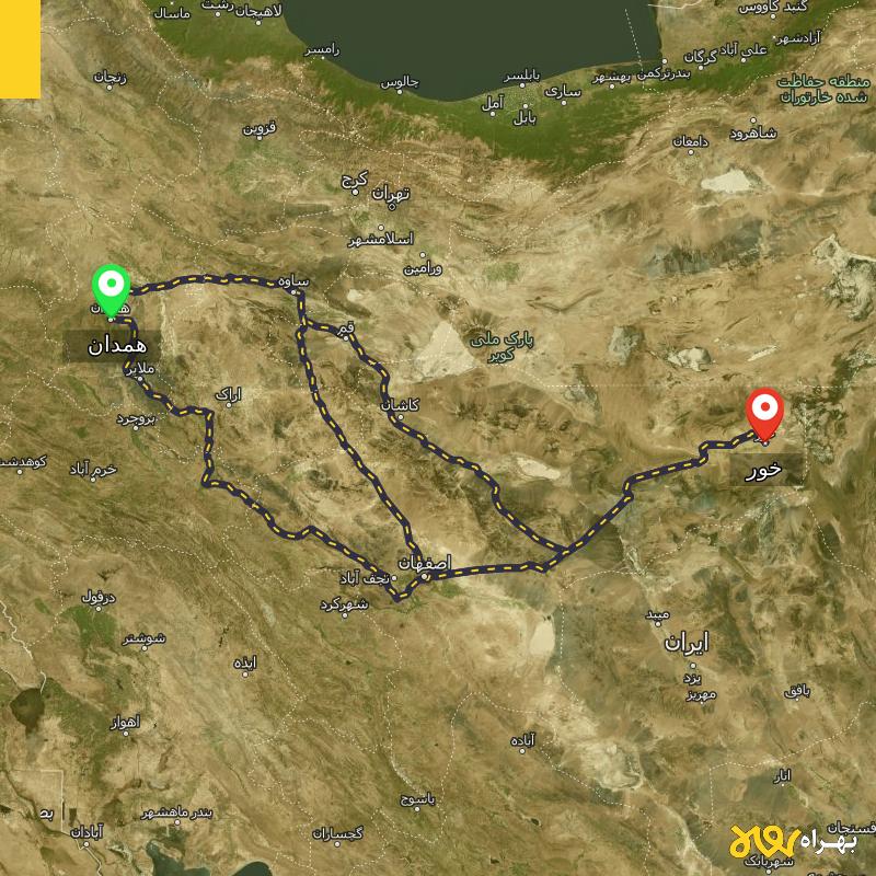 مسافت و فاصله خور - اصفهان تا همدان از ۳ مسیر - آذر ۱۴۰۳