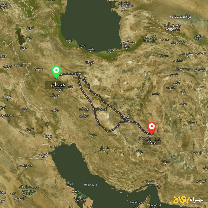 مسافت و فاصله زرند - کرمان تا همدان از ۲ مسیر - شهریور ۱۴۰۳