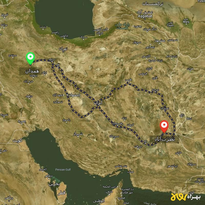 مسافت و فاصله نصرت‌آباد - سیستان و بلوچستان تا همدان از ۳ مسیر - آذر ۱۴۰۳