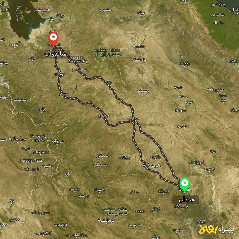 مسافت و فاصله میاندوآب - آذربایجان غربی تا همدان از 3 مسیر - مسیریاب بهراه