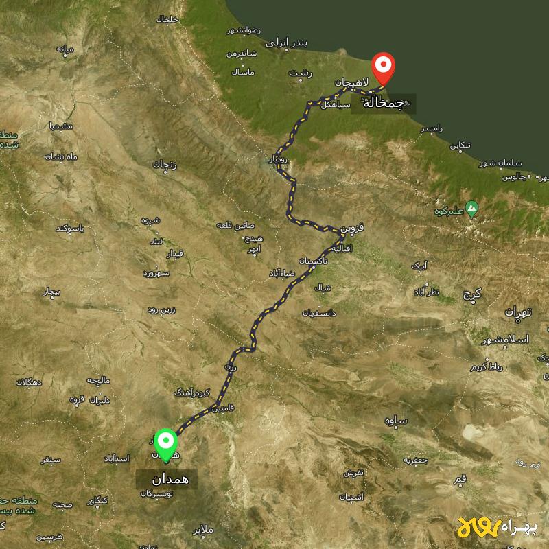 مسافت و فاصله چمخاله - گیلان تا همدان - اردیبهشت ۱۴۰۳