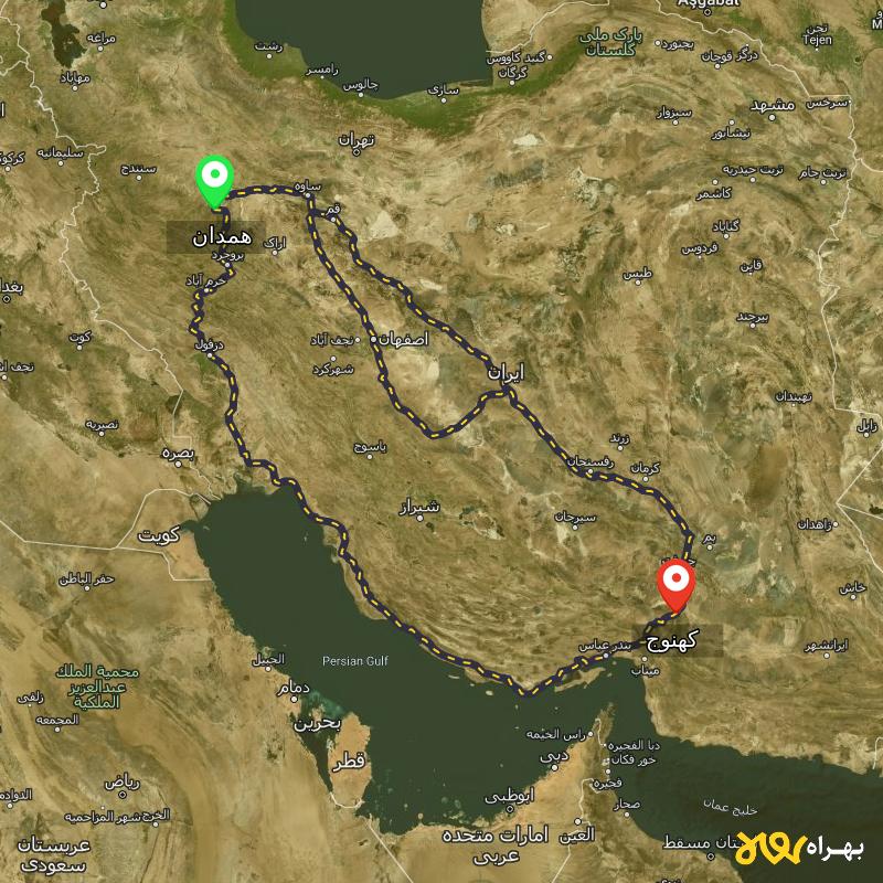 مسافت و فاصله کهنوج - کرمان تا همدان از ۳ مسیر - بهمن ۱۴۰۳
