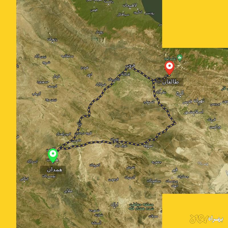 مسافت و فاصله طالقان - البرز تا همدان از ۲ مسیر - آذر ۱۴۰۳