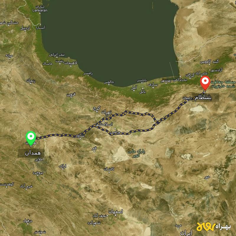 مسافت و فاصله بسطام - سمنان تا همدان از ۲ مسیر - آذر ۱۴۰۳