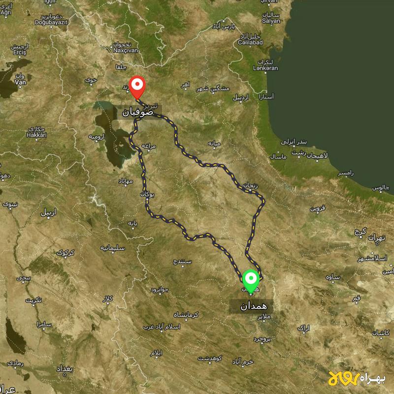 مسافت و فاصله صوفیان - آذربایجان شرقی تا همدان از ۲ مسیر - آذر ۱۴۰۳