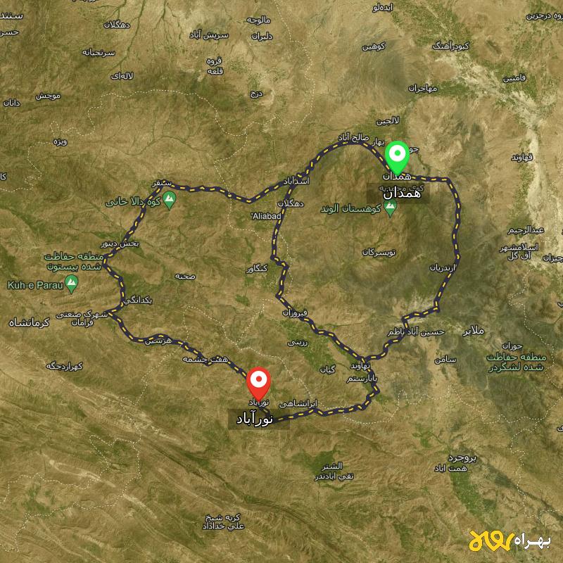 مسافت و فاصله نورآباد - لرستان تا همدان از ۳ مسیر - اردیبهشت ۱۴۰۳