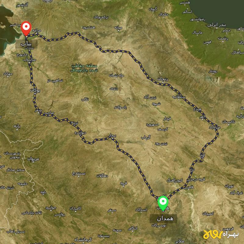 مسافت و فاصله بناب - آذربایجان شرقی تا همدان از ۲ مسیر - آذر ۱۴۰۳