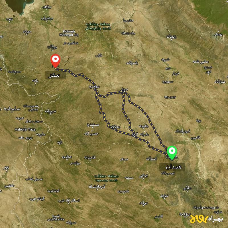 مسافت و فاصله سقز - کردستان تا همدان از ۳ مسیر - مرداد ۱۴۰۳