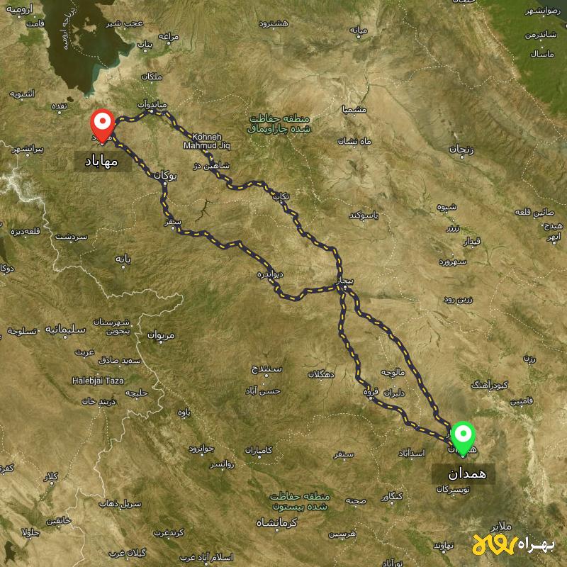 مسافت و فاصله مهاباد - آذربایجان غربی تا همدان از ۳ مسیر - اردیبهشت ۱۴۰۳