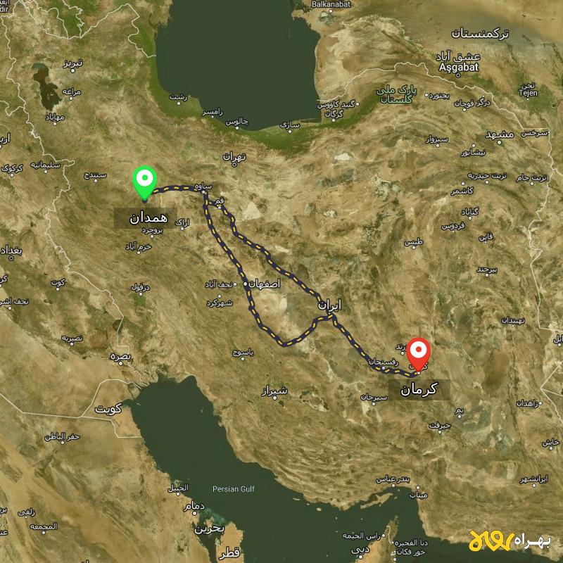 مسافت و فاصله کرمان تا همدان از ۲ مسیر - مرداد ۱۴۰۳