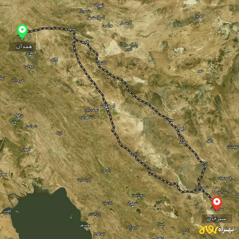 مسافت و فاصله سیرجان تا همدان از ۲ مسیر - آذر ۱۴۰۳