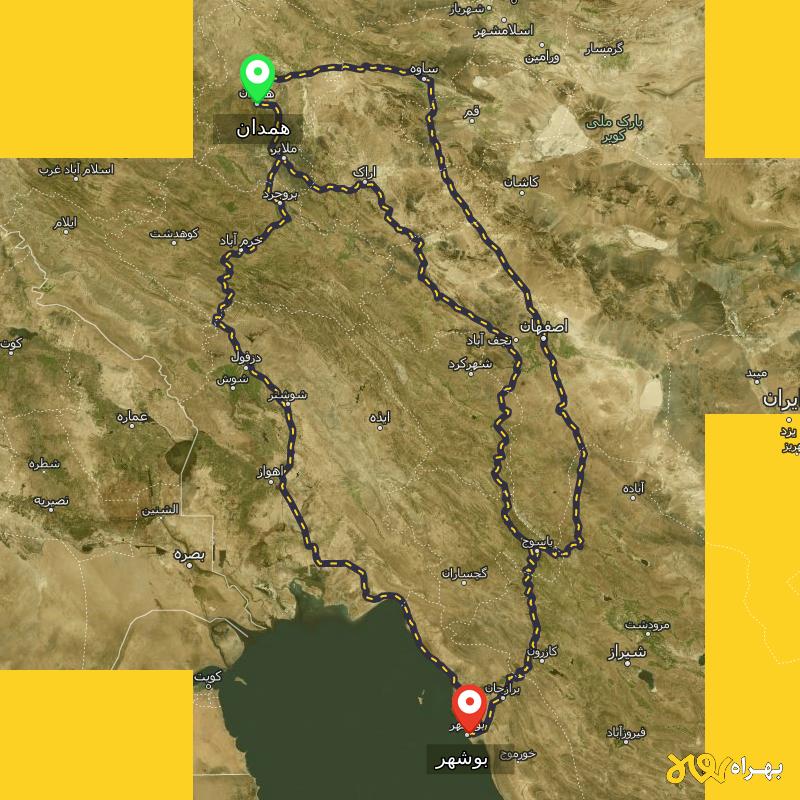 مسافت و فاصله بوشهر تا همدان از ۳ مسیر - مرداد ۱۴۰۳