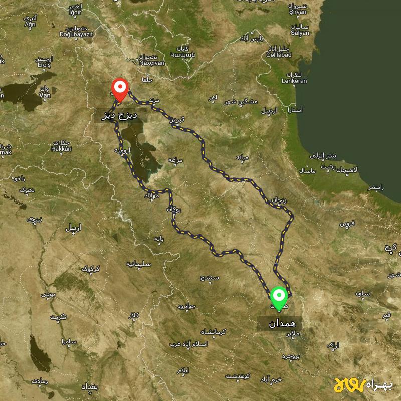 مسافت و فاصله دیزج دیز - آذربایجان غربی تا همدان از ۲ مسیر - شهریور ۱۴۰۳