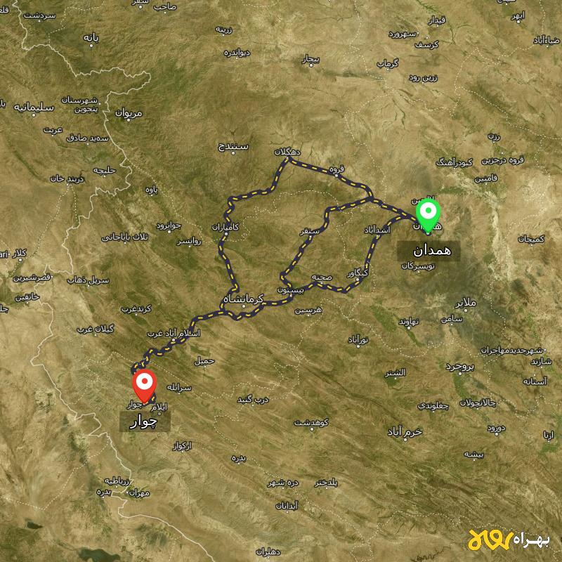 مسافت و فاصله چوار - ایلام تا همدان از ۳ مسیر - آذر ۱۴۰۳