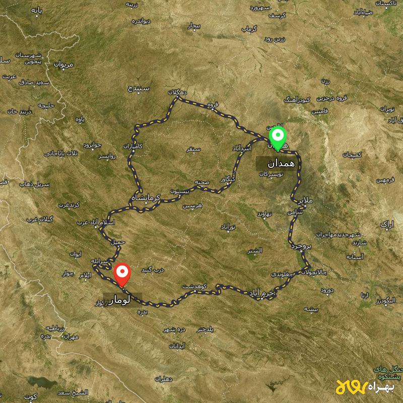 مسافت و فاصله لومار - ایلام تا همدان از ۳ مسیر - آذر ۱۴۰۳