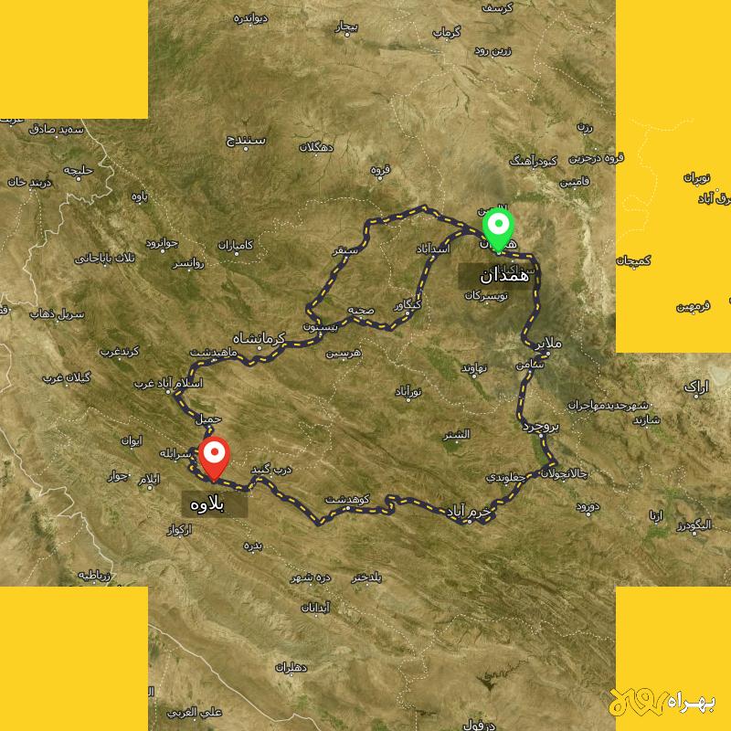 مسافت و فاصله بلاوه - ایلام تا همدان از ۳ مسیر - شهریور ۱۴۰۳