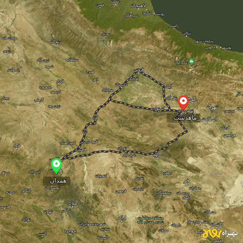 مسافت و فاصله ماهدشت - البرز تا همدان از ۳ مسیر - مرداد ۱۴۰۳