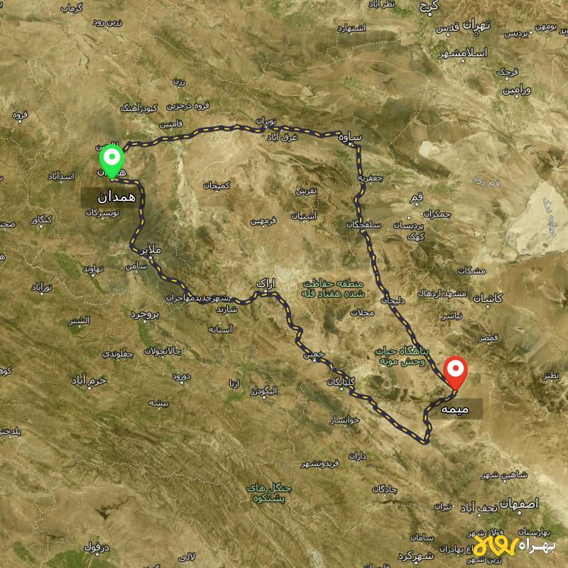 مسافت و فاصله میمه - اصفهان تا همدان از ۲ مسیر - آذر ۱۴۰۳