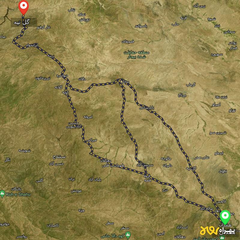 مسافت و فاصله گل تپه - کردستان تا همدان از ۳ مسیر - مرداد ۱۴۰۳