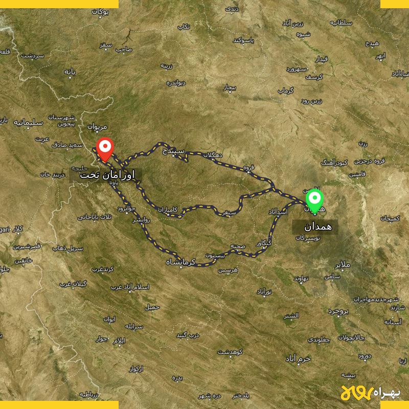 مسافت و فاصله اورامان تخت - کردستان تا همدان از ۳ مسیر - مرداد ۱۴۰۳
