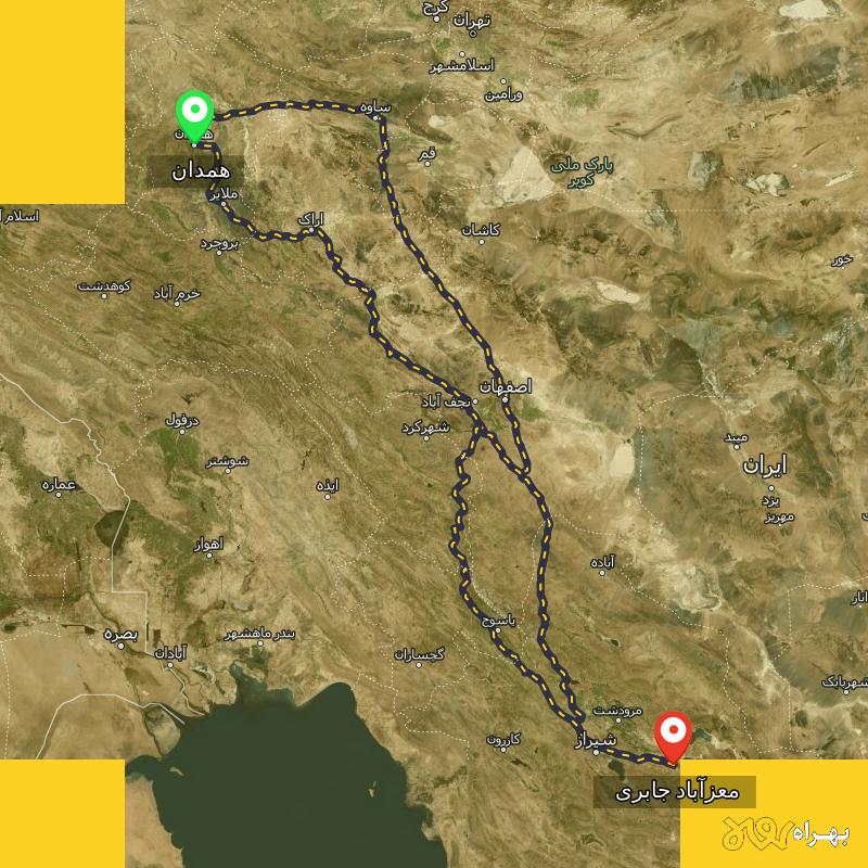 مسافت و فاصله معزآباد جابری - فارس تا همدان از ۳ مسیر - مهر ۱۴۰۳