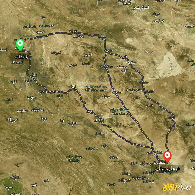 مسافت و فاصله قهجاورستان - اصفهان تا همدان از ۳ مسیر - شهریور ۱۴۰۳