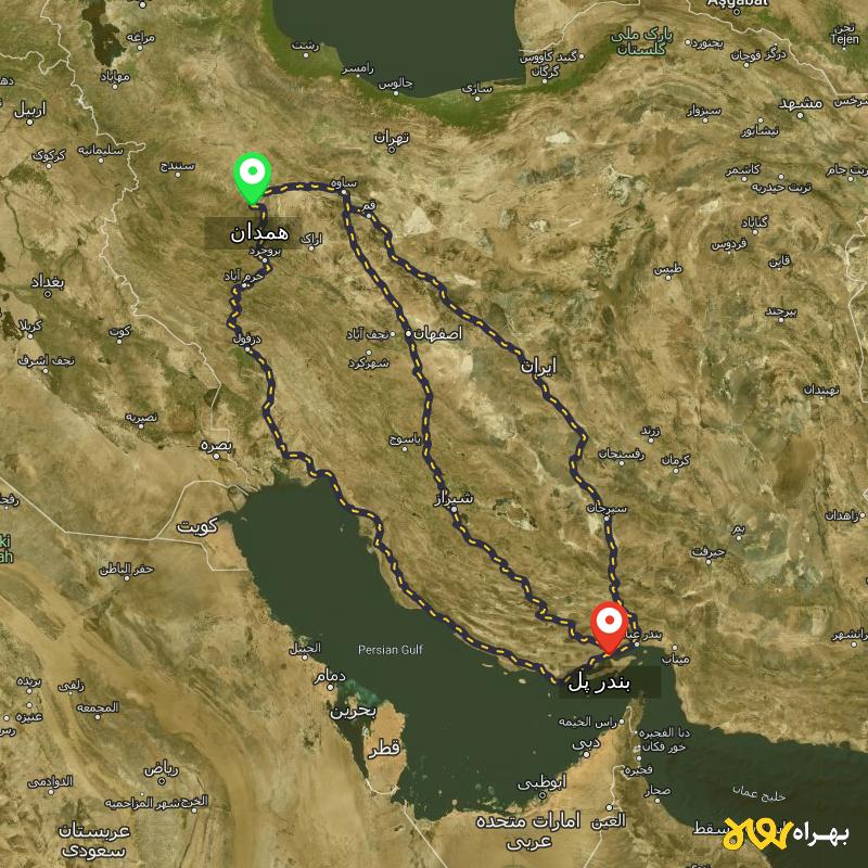 مسافت و فاصله بندر پل - هرمزگان تا همدان از ۳ مسیر - آبان ۱۴۰۳