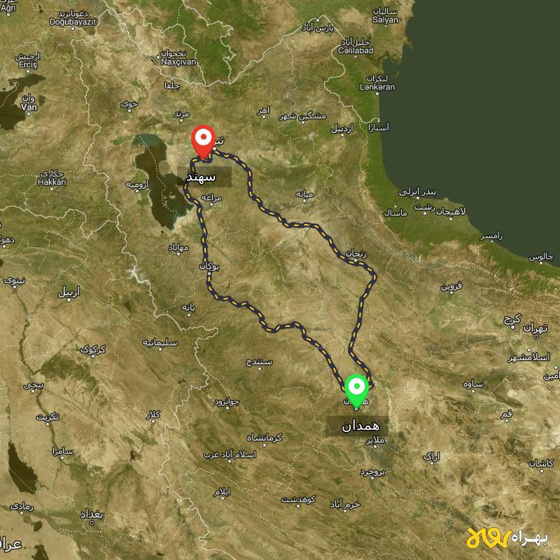 مسافت و فاصله سهند - آذربایجان شرقی تا همدان از ۲ مسیر - مهر ۱۴۰۳