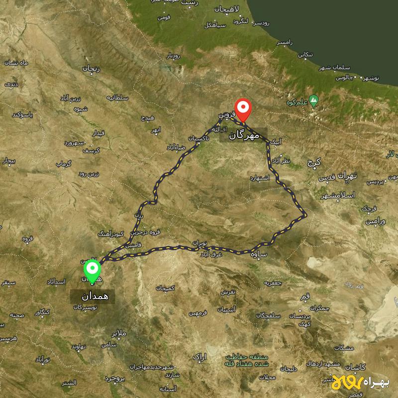 مسافت و فاصله مهرگان - قزوین تا همدان از ۲ مسیر - آبان ۱۴۰۳