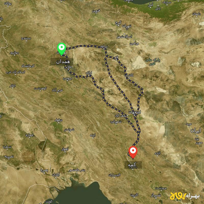 مسافت و فاصله کمه - اصفهان تا همدان از ۳ مسیر - شهریور ۱۴۰۳