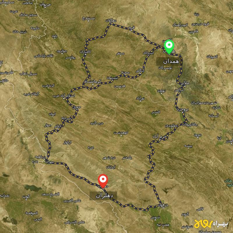 مسافت و فاصله دهلران - ایلام تا همدان از ۳ مسیر - آذر ۱۴۰۳